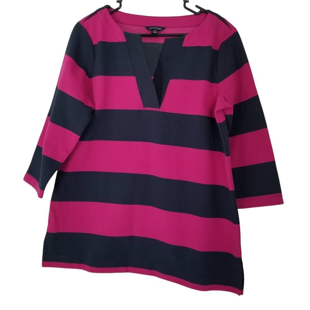 Land's End Fuchsia & Blue Striped Pullover V-Neck Blouse Top Size Large …